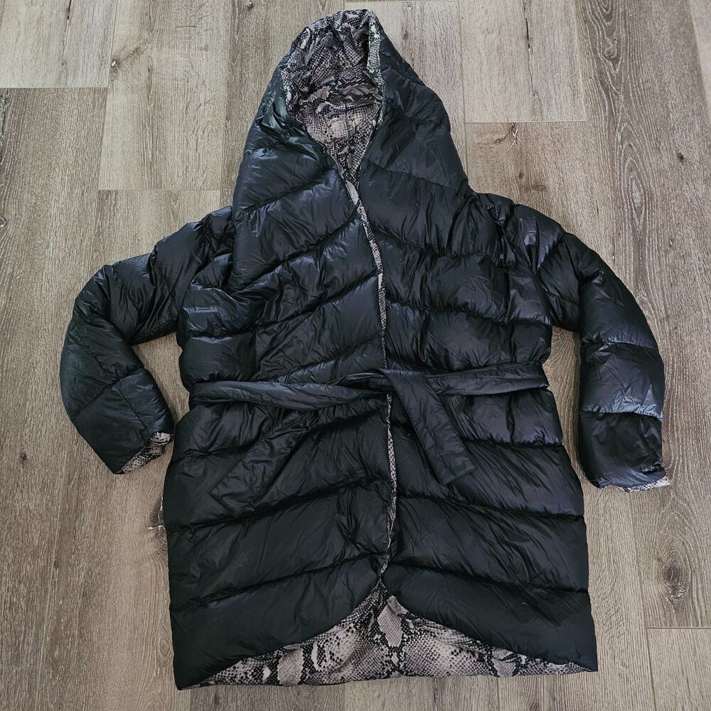 Diane Von Furstenberg Hooded Duck Down Black Snake Hooded Puffer Coat Womens XL